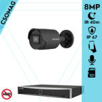 Hikvision 1 cső kamerás IP megfigyelőrendszer 8MP cső biztonsági kamera, AcuSense, 2.8 mm-es fix objektívvel, PoE, IR LED 40m, beépített mikrofonnal, fekete fém ház, kültéri (DS7604NXIK14PD-DS2CD2086G2IU28MMCB-