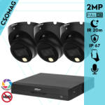 Dahua 3 dome kamerás analóg megfigyelőrendszer 2MP HD dóm biztonsági kamera, 2, 8 mm fix objektív, hibrid fény, beépített mikrofon (XVR5104HSI3-HACHDW1200TLMILA0280BS6BLACK-DOME-3)