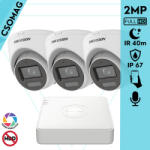 Hikvision 3 turret kamerás analóg megfigyelőrendszer 2MP biztonsági kamera, IR megvilágítás 40 m, fehér fény 20 m, beépített mikrofon, kültéri (DS7104HGHIM1T-DS2CE78D0TLFS28MM-TURRET-3)