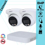 Dahua 2 turret kamerás IP megfigyelőrendszer 8MP turret biztonsági kamera, 2.8 mm-es fix objektívvel, PoE, microSD kártyafoglalat, hibrid megvilágítással, fém ház, kültéri (NVR2104PS3-IPCHDW2849TMSIL0280B-T
