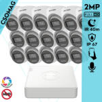 Hikvision 16 turret kamerás analóg megfigyelőrendszer 2MP biztonsági kamera, IR megvilágítás 40 m, fehér fény 20 m, beépített mikrofon, kültéri (DS7116HGHIM1T-DS2CE78D0TLFS28MM-TURRET-16)