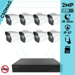 Techson 8 cső kamerás IP megfigyelőrendszer 2MP cső biztonsági kamera, 2.8 mm-es fix objektívvel, SD kártya foglalattal, PoE, IR LED 30m, kültéri, fém ház (TCRI12S08PNS-TCIEA5C902IHAM28-KOMPAKT-8)