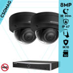 Hikvision 2 dome kamerás IP megfigyelőrendszer 8MP dome biztonsági kamera, AcuSense, 2.8 mm-es fix objektívvel, PoE, P2P, IR LED 30m, fekete fém ház, kültéri, IK10 vandálbiztos (DS7604NXIK14PD-DS2CD2183G2IS28MM