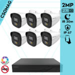 Techson 6 cső kamerás IP megfigyelőrendszer 2MP HD cső biztonsági kamera, 2.8 mm-es fix objektívvel, PoE, beépített mikrofonnal, hibrid fényű megvilágítás, kültéri, fém ház (TCRI12S08PNS-TCIEL2C902WIA28-KOMPA