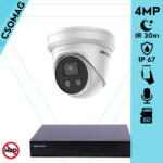 Hikvision 1 turret kamerás IP megfigyelőrendszer 4MP turret biztonsági kamera, 2.8 mm-es fix objektívvel, beépített mikrofon, microSD, valós WDR, PoE, P2P, IR LED 30m, fém ház, kültéri (DS7104NIQ14PM-DS2CD2346G