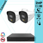 Techson 2 cső kamerás IP megfigyelőrendszer 2MP HD cső biztonsági kamera, 2.8 mm-es fix objektívvel, PoE, beépített mikrofonnal, hibrid fényű megvilágítás, kültéri, fém ház (TCRI12S04PNS-TCIEL2C902WIA28-KOMPA