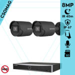 Hikvision 2 cső kamerás IP megfigyelőrendszer 8MP cső biztonsági kamera, AcuSense, 2.8 mm-es fix objektívvel, PoE, IR LED 40m, beépített mikrofonnal, fekete fém ház, kültéri (DS7604NXIK14PD-DS2CD2086G2IU28MMCB-