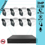 Techson 8 cső kamerás analóg megfigyelőrendszer 2MP NightVision HD cső biztonsági kamera, 2.8 mm fix objektívvel, valós WDR, beépített mikrofonnal (TCRA12S408NS-TCAMS3C902IA28-KOMPAKT-8)