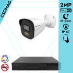 Techson 1 cső kamerás IP megfigyelőrendszer 2MP HD cső biztonsági kamera, 2.8 mm-es fix objektívvel, PoE, beépített mikrofonnal, hibrid fényű megvilágítás, kültéri, fém ház (TCRI12S04PNS-TCIEL2C902WIA28-KOMPA