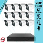 Techson 12 cső kamerás analóg megfigyelőrendszer 2MP NightVision HD cső biztonsági kamera, 2.8 mm fix objektívvel, valós WDR, beépített mikrofonnal (TCRA12M816-TCAMS3C902IA28-KOMPAKT-12)