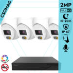 Techson 4 turret kamerás IP megfigyelőrendszer 2MP turret biztonsági kamera, 2.8 mm-es fix objektív, PoE, beépített mikrofonnal, hibrid világítással 20m-ig, kültéri (TCRI12S04PNS-TCIEL2E002WIA28P-TURRET-4)