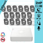 Hikvision 16 cső kamerás analóg megfigyelőrendszer 2MP biztonsági kamera, ColorVu Dual-light látható fény 20m, beépített mikrofonnal, kültéri (DS7116HGHIM1T-DS2CE10DF0TLFS28MM-KOMPAKT-16)