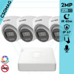 Hikvision 4 turret kamerás analóg megfigyelőrendszer 2MP biztonsági kamera, IR megvilágítás 40 m, fehér fény 20 m, beépített mikrofon, kültéri (DS7104HGHIM1T-DS2CE78D0TLFS28MM-TURRET-4)