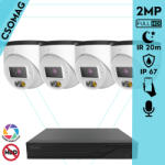 Techson 4 turret kamerás IP megfigyelőrendszer 2MP HD turret biztonsági kamera, 2.8 mm-es fix objektívvel, PoE, beépített mikrofonnal, hibrid fényű megvilágítás, kültéri, fém ház (TCRI12S04PNS-TCIEL2E002WIA28