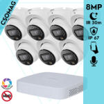 Dahua 7 turret kamerás IP megfigyelőrendszer 8MP turret biztonsági kamera, 2.8 mm-es fix objektívvel, PoE, beépített mikrofonnal, hibrid megvilágítással, fém ház, kültéri (NVR21088PS3-IPCHDW1839TPAIL0280BS6