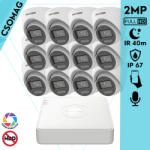 Hikvision 12 turret kamerás analóg megfigyelőrendszer 2MP biztonsági kamera, IR megvilágítás 40 m, fehér fény 20 m, beépített mikrofon, kültéri (DS7116HGHIM1T-DS2CE78D0TLFS28MM-TURRET-12)