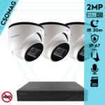 Techson 3 turret kamerás IP megfigyelőrendszer 2MP turret biztonsági kamera, 2.8 mm-es fix objektívvel, PoE, SD kártya foglalattal, beépített mikrofonnal, IR LED 30m, kültéri, fém ház (TCRI12S04PNS-TCIEA5E002