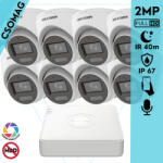 Hikvision 8 turret kamerás analóg megfigyelőrendszer 2MP biztonsági kamera, IR megvilágítás 40 m, fehér fény 20 m, beépített mikrofon, kültéri (DS7108HGHIM1T-DS2CE78D0TLFS28MM-TURRET-8)