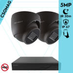 Techson 2 dome kamerás analóg megfigyelőrendszer 5MP HD dóm biztonsági kamera, 2.8 mm fix objektívvel, antracitszürke fém ház (TCRA12S204NS-TCAEB3E005IA28-DOME-2)