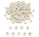 Mixform Akril gyöngyök Számok, Lapos Kerek, Fehér/Arany, 7x4mm, 25g~160 db (13WB31305)