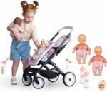 Smoby Set cărucior pentru păpuși gemene Twin Pushchair Pink Maxi Cosi&Quinny Smoby și biberoane (SM253221-1)