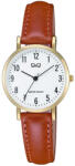 Q&Q női karóra, arany színű fémtok, fehér színű számlap, világosbarna színű bőrszíj C66A-002PY (4214-1)