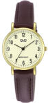 Q&Q női karóra, arany színű fémtok, sárga színű számlap, barna színű bőrszíj C66A-001PY (4214-0)