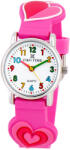 TIKO TIME karóra gyerekeknek, ezüst színű fémtok, quartz szerkezet, 3D figurás rózsaszínű műanyag szíj, fehér arab számos számlap, cseppmentes vízállóság (szivecskés) (7467-0)