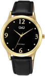 Q&Q férfi karóra, quartz, arany színű fémtok, fekete színű számlap, fekete színű bőrszíj, C08A-018PY (4091-9)