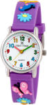 TIKO TIME karóra gyerekeknek, ezüst színű fémtok, quartz szerkezet, 3D figurás lila műanyag szíj, fehér arab számos számlap, cseppmentes vízállóság (7468-1)