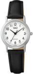 Q&Q női karóra, ezüst színű fémtok, fehér színű számlap, fekete színű bőrszíj C40A-009PY (4213-4)