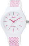 Q&Q női karóra, quartz, fehér színű műanyag tok, fehér színű számlap, fehér színű rózsaszínes pöttyös műanyag szíj, VR28J032Y (4083-8)