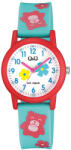 Q&Q gyerek karóra, piros műanyag tok, kék szíj, figurás számlap, V23A-003VY (4216-8)