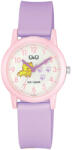 Q&Q gyerek karóra, quartz, rózsaszínű műanyag tok, fehér figurás számlap, lila színű műanyag szíj, V23A-012VY (4081-7)