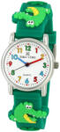 TIKO TIME karóra gyerekeknek, ezüst színű fémtok, quartz szerkezet, 3D figurás zöld műanyag szíj, fehér arab számos számlap, cseppmentes vízállóság (7466-2)