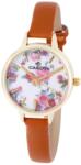 Cardy női karóra, arany színű fémtok, barna színű szíj, virágos mintás számlap, quartz szerkezet, cseppmentes vízállóság (2658-2)