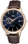Q&Q férfi karóra, quartz, rózsaarany színű fémtok, barna színű bőrszíj, kék színű számlap, A12A-003PY (4208-8)
