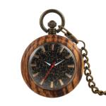 Gorben Ceas de buzunar mecanic skeleton retro, carcasa lemn, cadran vizibil, lant fob, vintage Ceas