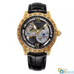 Forsining Ceas Forsining schelet barbatesc automatic auriu/negru, cu tourbillon, bratara din piele, rezistent la zgarieturi, stil fashion (FSG849694969) Ceas
