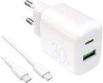 PURO Incarcator de retea PROLITE 30W USB-A / USB-C + cablu USB-C - USB-C 1.2m, alb (PUTCUSBAC30WDYKCCWHI) - vexio