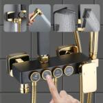 clickzu Zuhanyoszlop 4 funkcióval: csaptelep, négyzet alakú esőztető fej, kézi zuhany, bidépisztoly, alsó kifolyó, kiegészítő polc, matt fekete és arany színű, Clickzu