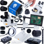 Rosfix trinokuláris sztereó mikroszkóp Jupiter Pro Gantry MSJP-T-SDMS1 állványon + 8 kijelző + 56xLED megvilágító + kijelzőtartó + Draco BLUE kamera