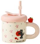  Cana din Ceramica cu Capac si Pai, Flippy, Capacul si Paiul din Silicon Roz, 9x8.5 cm, Model Cute D, Capacitate 380ml (134648)