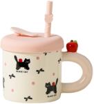  Cana din Ceramica cu Capac si Pai, Flippy, Capacul si Paiul din Silicon Roz, 9x8.5 cm, Model Cute C, Capacitate 380ml (134647)