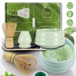 Matcha Tea Szett, 4 az 1-ben, bambusz, kerámia, tál, kanál, habverő (Trzepaczka do matchy)