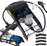 VERK GROUP Pompă de picior pentru mașină și bicicletă cu două cilindri și multiple adaptoare, 150 PSI/10 bar (11404)