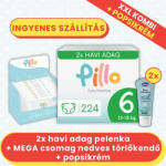 Pillo 6, 13-18 kg - 224 db pelenka + 12x72 db törlőkendő + 2x popsikrém - 2 havi Kombi Plusz csomag
