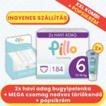 Pillo 6, 13-18 kg - 184 db bugyipelenka + 12x72 db törlőkendő + 2x popsikrém - 2 havi Kombi Plusz csomag