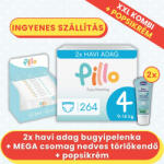 Pillo 4, 9-14 kg - 264 db bugyipelenka + 12x72 db törlőkendő + 2x popsikrém - 2 havi Kombi Plusz csomag