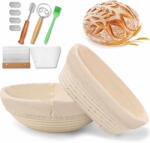 NEWALOR 2 darabos kenyérkelesztő rattan kosár szett - 22, 9 cm-es kerek és 25, 4 cm-es ovális kosár lenvászon béléssel, tésztavágóval, vágópengével és szilikon sütőecsettel (NW14)